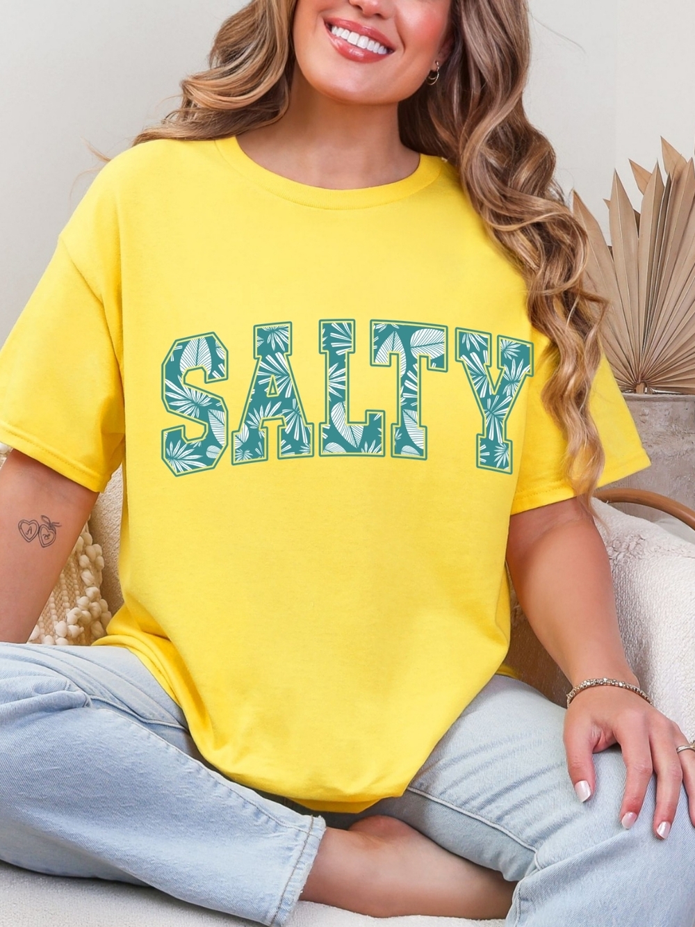 Gildan Yellow 'SALTY' Short Sleeve Tee with Teal Graphic